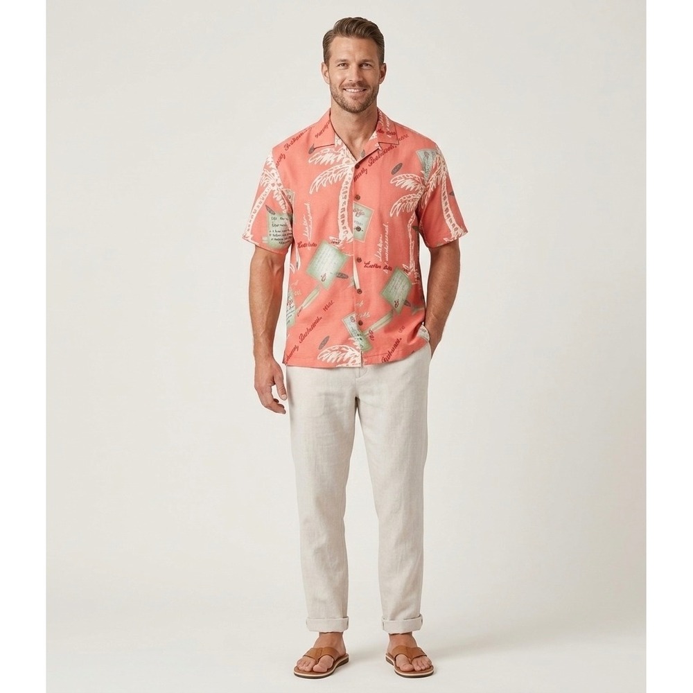 Tommy Bahama Mens Silk Camp Shirt Medium Pink Tropical Palm Tree Postcard Print‎